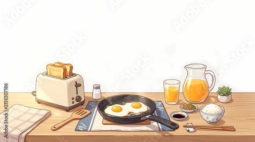 Breakfast spread with toast eggs and juice on wooden table