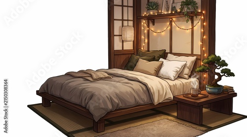 Wooden bed frame with upholstered headboard and holiday garland decoration
