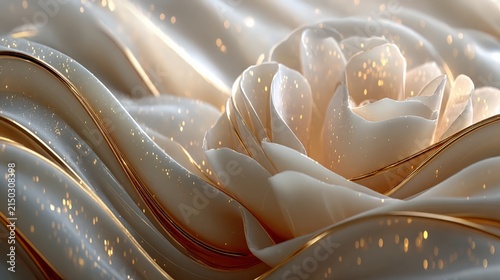 luxurious white rose emerging from flowing silk waves with elegant golden accents and sparkling light particles, creating a dreamy floral background with soft textures and sophisticated beauty