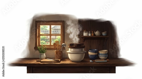 Steaming pot on rustic kitchen counter near window