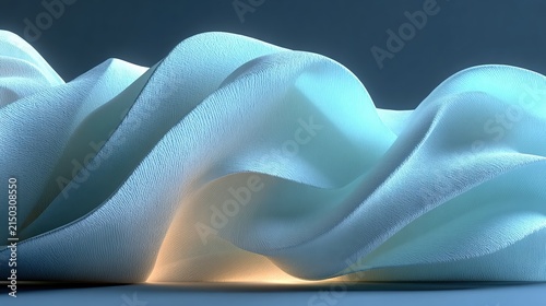 minimalist abstract landscape of flowing white and turquoise fabric waves with soft illumination and delicate textures, creating a serene futuristic background inspired by dunes and sculptural forms