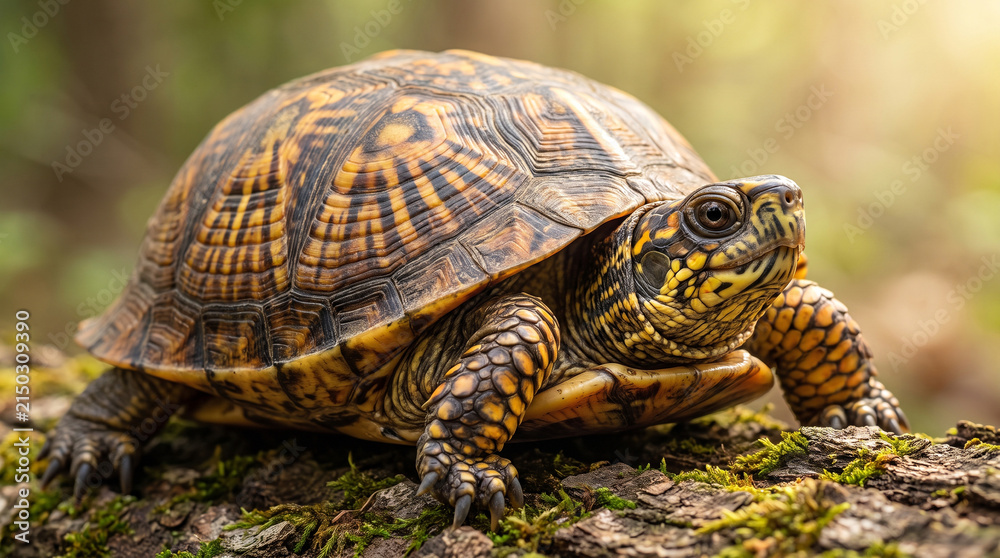 Obraz premium A small box turtle resting on a mossy log in the forest during a sunny day