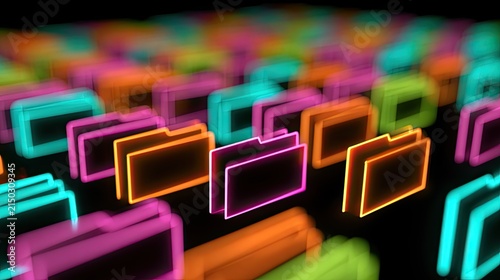 Rows of glowing, colorful, abstract file folders create a digital data backdrop