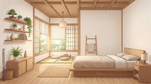 Minimalist Japanese bedroom interior with wooden furniture and plants