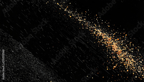 Abstract Dynamic Explosion of Golden Grains and Particles Against a Dark Black Background with Streaking Light Effects