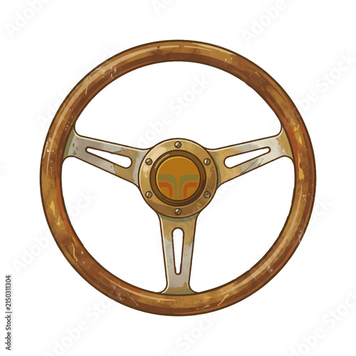 Vintage automotive steering wheel crafted from polished wood and metallic components representing classic vehicle interior accessories for restoration projects and custom automotive building