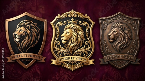 Three decorative lion crest shields with heraldic design elements and vintage style gold and silver metallic details