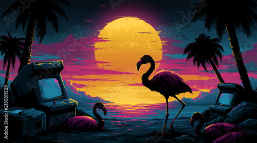 Digital art flamingo silhouettes against a large sun and game arcade machines
