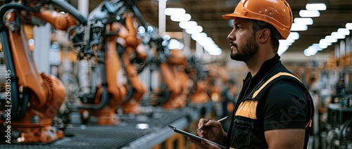 Engineer in hard hat inspecting robotic arms in a modern factory setting.