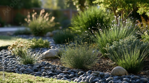 Sustainable backyard landscaping with drought tolerant plants and ornamental grasses. Dry creek bed design with smooth grey pebbles in soft sunlight