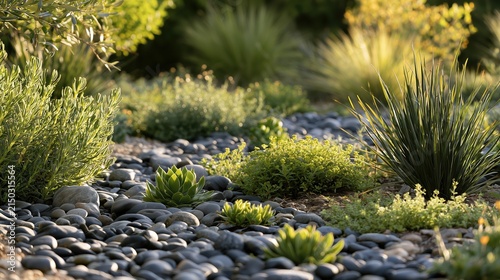 Modern xeriscape garden with green succulents and dark river pebbles. Sustainable landscaping design with drought tolerant plants in warm golden hour sunlight