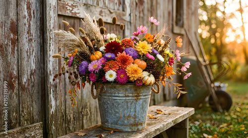 A rustic metal bucket filled with vibrant autumn flowers sitting on a wooden bench
