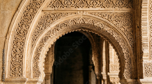 Intricate Arabic Archway with Ornate Carvings and Geometric Patterns