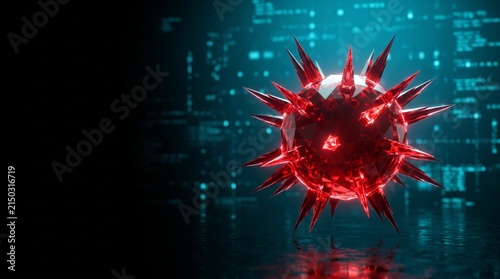 3D Red Virus Particle Spikes Cyan Digital Ocean Void Background