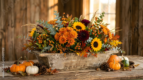 Rustic autumn floral arrangement with pumpkins and sunflowers on a weathered wooden table