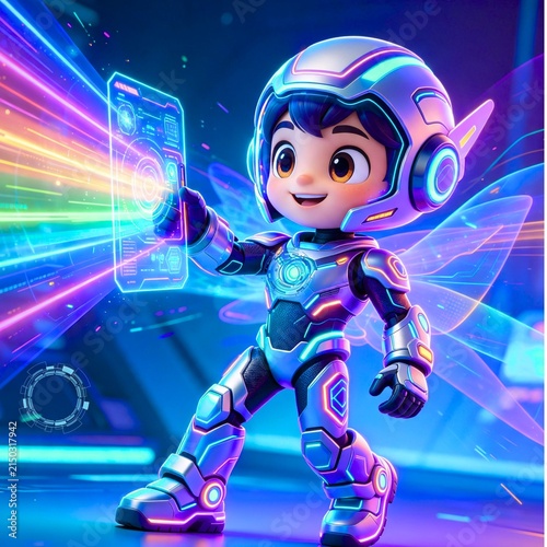 Cute Cartoon Astronaut in Futuristic Spacesuit Exploring a Neon Sci Fi World
