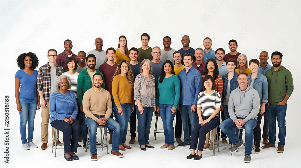 Obraz premium Large group of diverse people standing and sitting together against a plain white background