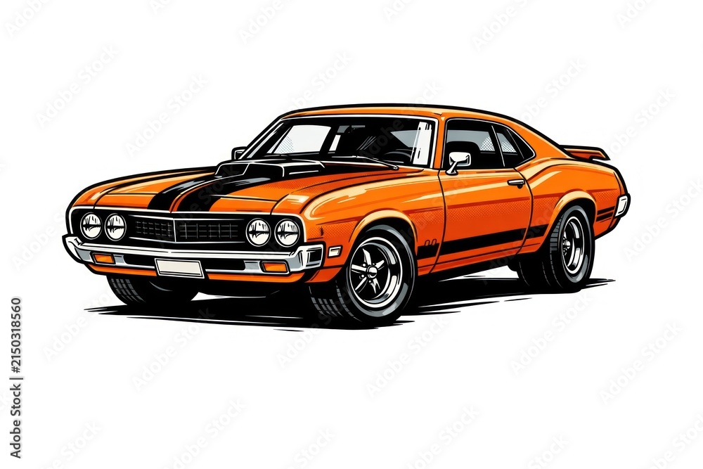 Fototapeta premium Illustration of an orange vintage muscle car with black racing stripes.