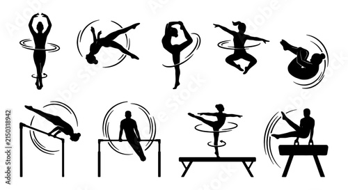 Gymnastics Silhouettes Vector Set: Dynamic Poses, Athletic Performance, Sports Icons, Rhythmic Gymnastics, Artistic Gymnastics, Tumbling, Balance Beam, Pommel Horse, Horizontal Bar