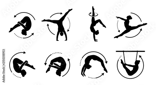 Gymnastics Silhouette Icons, Dynamic Acrobatics Poses, Athletic Performance Vector Set, Sports Training Movements