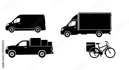 Delivery vehicles in black silhouette on white background with vehicles including van truck pickup truck silhouettes delivery transport logistics