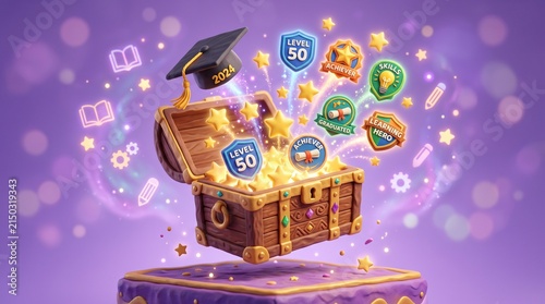 A fantastical treasure chest bursting with glowing stars, golden coins, and badges, symbolizing academic achievements and gaming rewards, celebrating success and accomplishment