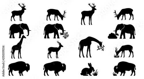 Diverse Wildlife Silhouettes Collection: Elephants, Deer, Giraffes, Buffalo, Rabbits, Vector Icons for Nature and Safari Themes