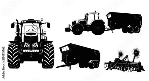 Tractor and farm equipment silhouettes on white background with black silhouettes tractor trailers agricultural agriculture harvesting machinery