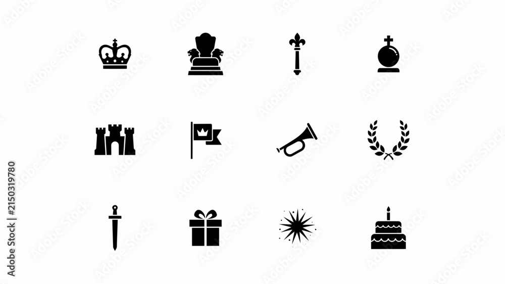Fototapeta premium Classic black and white symbolic icon set with tradition bold silhouettes against neutral background minimalist collection twelve royalty victory celebration