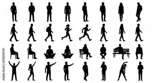 Diverse Human Silhouettes Collection, 36 Black Figures, Standing, Walking, Running, Sitting, Meditating, Exercising, Vector Icons for Lifestyle, Business, and Design