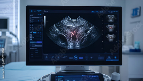 Endometrial cancer radiology concept showing early-stage uterine disease on realistic medical imaging monitor in a clean hospital setting for healthcare, oncology, radiology, and patient education