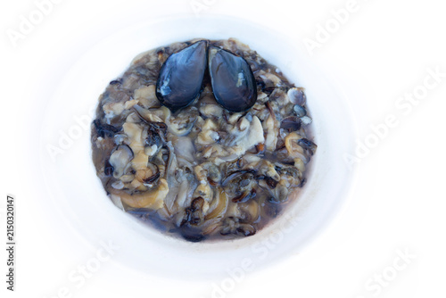 Fruits of the sea, denizen of the sea. Shelled clams in a bowl. Mussels, oyster, cockles, anadaras, etc. Regale ready-to-cook dish. Dish mentioned in molluscivorous Herman Melville's novel Moby Dick