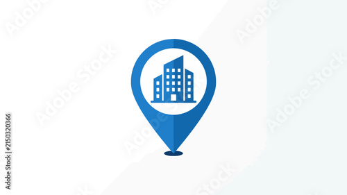 Building location marker, blue infographic icon on white background, modern design