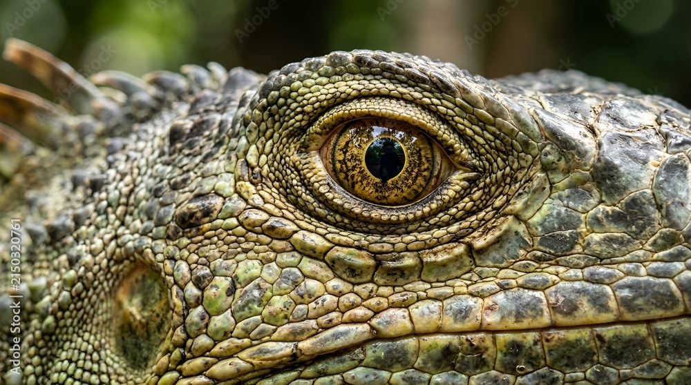 Fototapeta premium Green Iguana Eye Macro Detail - Reptile Skin Texture Close-up, Wildlife Portrait