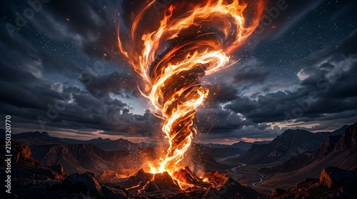 Fiery Tornado Vortex Over Mountain Landscape at Night