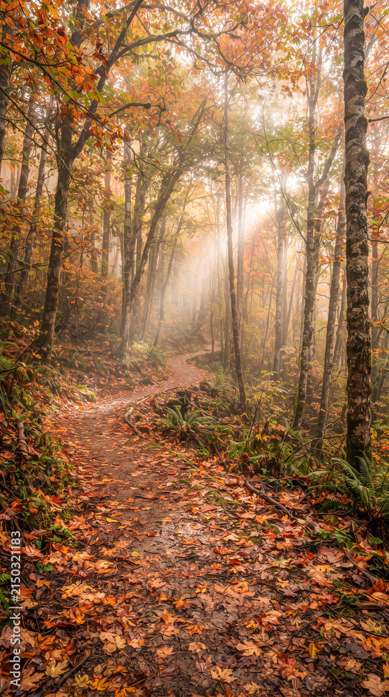 Fototapeta premium Sendero natural atravesando un bosque otoñal lleno de hojas doradas, rojas y naranjas, con niebla y rayos de sol creando una atmósfera mágica.