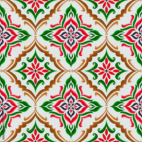 Thai Floral Ornamental Pattern with Colorful Symmetrical Motifs in red, green, gold and black.