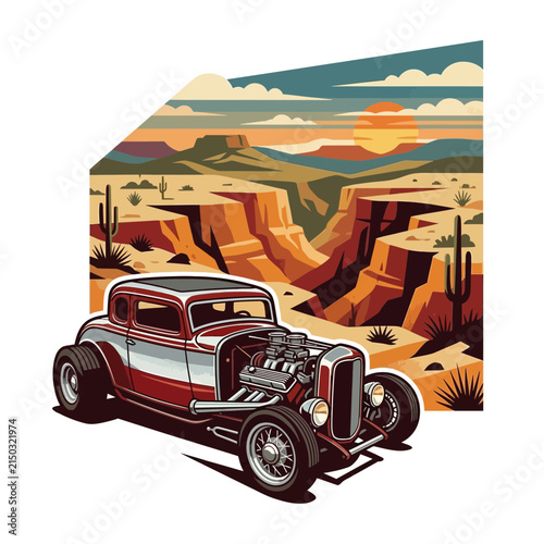 Hot Rod Car in Desert Landscape, Vintage Automobile, Canyons, Sunset