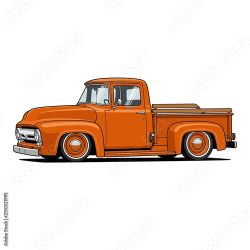 Orange Classic American Pickup Truck, Vintage Style, Isolated on White