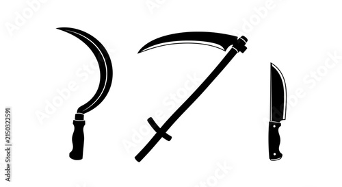 Canvas Print Black silhouettes of scythe sickle and knife on white background with three blac