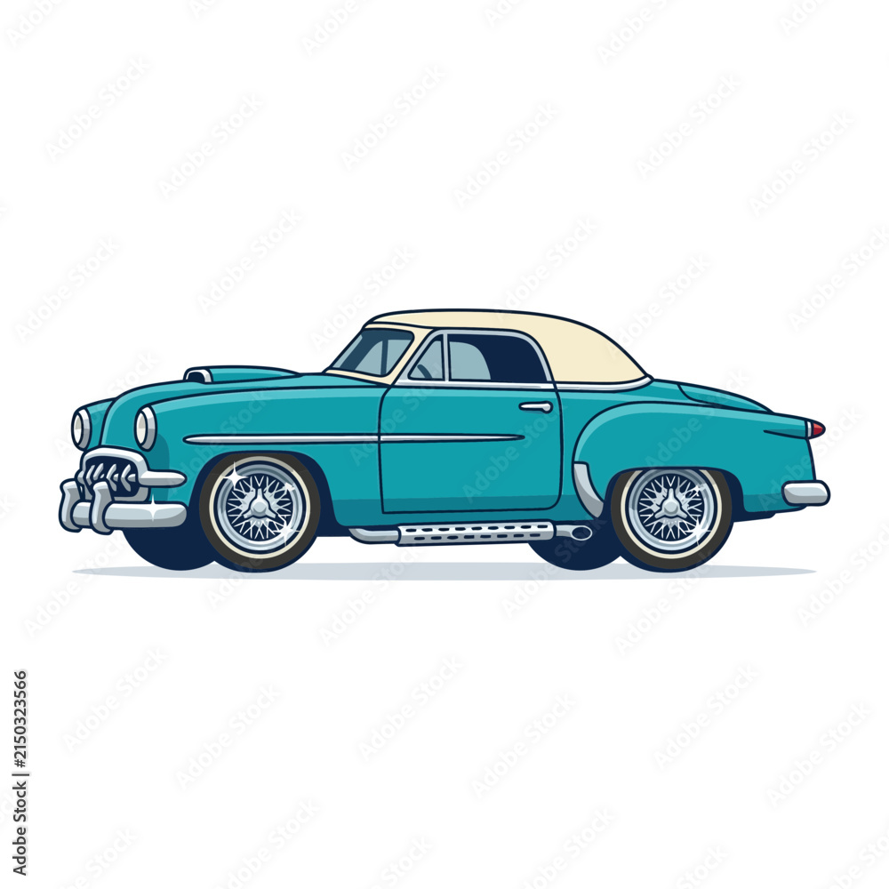 Fototapeta premium Retro Turquoise Convertible Classic Car Illustration on White Background