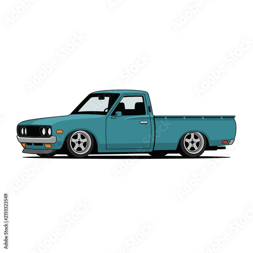 Retro Teal Pickup Truck, Lowered Sport Custom Vehicle, Vintage Automotive
