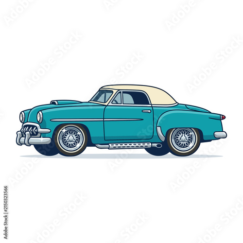 Retro Turquoise Convertible Classic Car Illustration on White Background