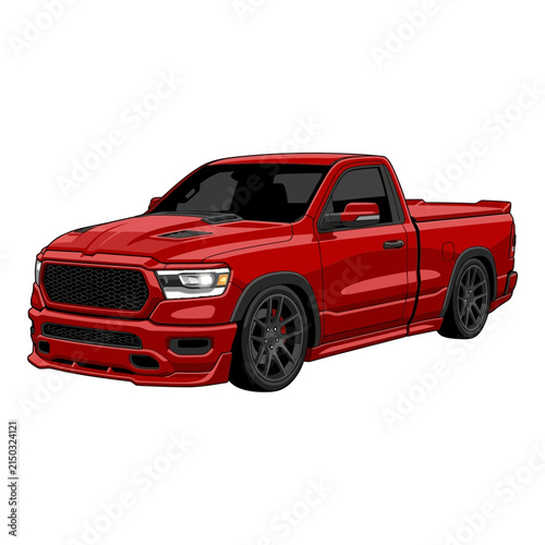 Sleek Red Sport Pickup Truck Custom Modified Lowrider On White Background