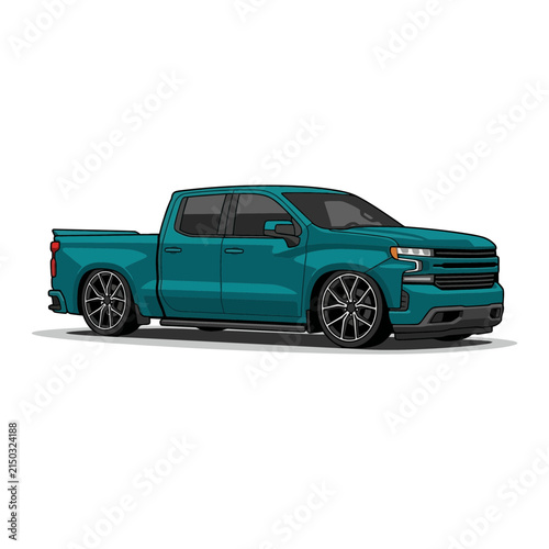 Teal Custom Pickup Truck Vector Art | Modified Lowrider Vehicle