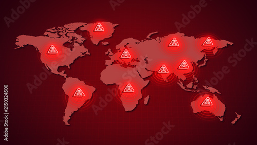 Obraz na płótnie World Map with Danger Signs Over Countries on Grid Illustration