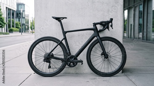 Sleek matte black road bicycle showcasing aerodynamic design against urban architectural backdrop
