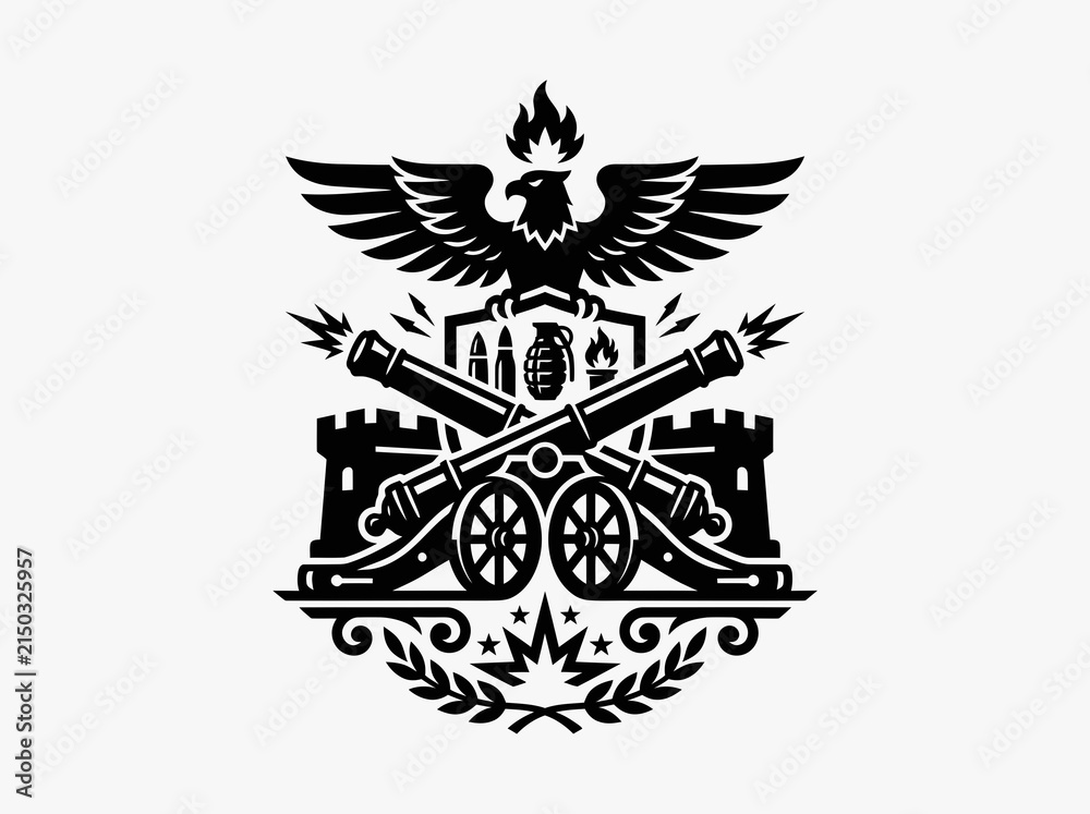 Fototapeta premium Monochrome Military Emblem Glyph with Eagle, Crossed Cannons, Fortress, and Grenade Symbol