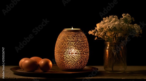 Warm Ambiance - Oranges, Lantern, and Dried Flowers on Wooden Surface.