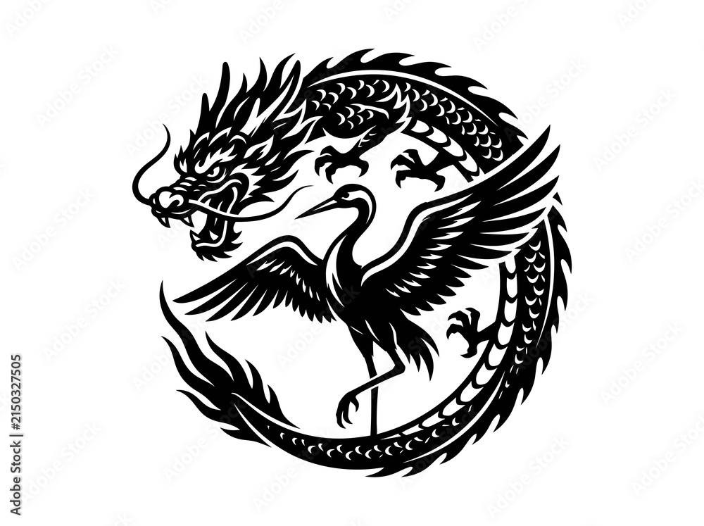 Obraz premium Black White Stylized Asian Dragon and Crane Symbol Vector Graphic for Culture, Mythology, and Tradition
